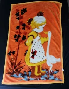 VTG Orange Little Girl Goose Duck Pond Leaf Microplush Throw Blanket 40x60 - Picture 1 of 16