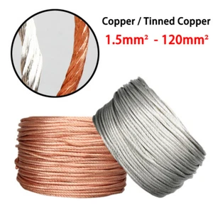 Copper/Tinned Round Braid Cable 1.5mm²-120mm² Bare Copper Braid Wire Ground Lead - Picture 1 of 7