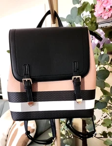 Black Tan and White Check Backpack Faux Buckles Double Snap Closure + Zipper NEW - Picture 1 of 11