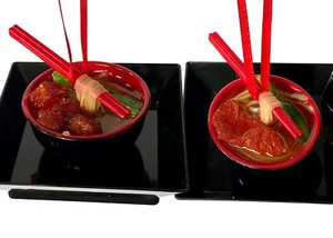 2 PORK + BEEF STEAK NOODLE BOWL Chinese Ramen Christmas Ornament Asian Food Soup - Picture 1 of 10