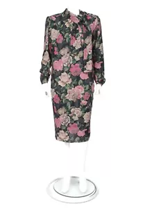 UNGARO TER Vintage 80s Black Wool Pink Roses Pussy Bow Dress sz IT44 US10 /759 - Picture 1 of 8