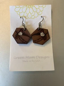 Green Mum Design Wooden Dangling Earrings with Hummingbirds - Made in USA - New! - Picture 1 of 2