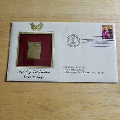 Réplica de sello de celebración navideña del Cinco de Mayo oro 22kt emisión primer día con tarjeta Foto 1 de 4