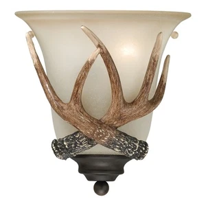 Vaxcel Yoho 1 Light Bronze Rustic Antler Flush Wall Sconce Cream Glass - Picture 1 of 11