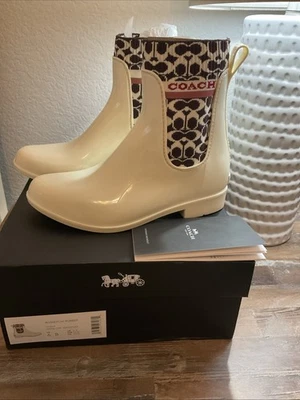 Botas de lluvia COACH para mujer talla 6B Rivington crema al tobillo logotipo de diseñador Foto 1 de 4