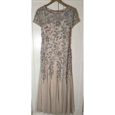 Vestido Godet Floral Adrianna Papell Manga Curta Frisado Rosa Claro Tamanho 10 Pequeno - Imagem 1 de 4