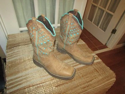 Justin Western Boots Square Toe Neutral/Teal Blue Leather L2909 Women's Sz 9 B - Image 1 of 4