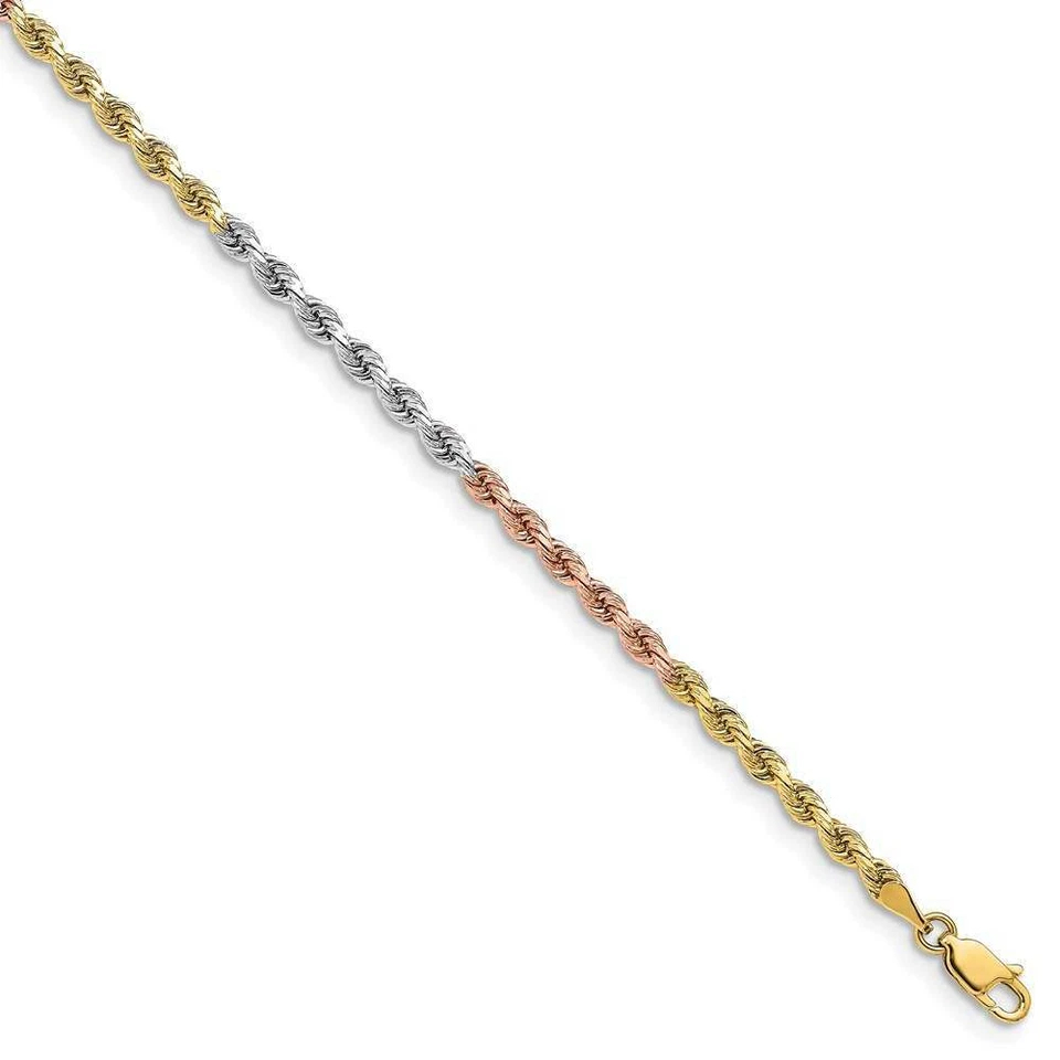 8" 14K Tri-Color Gold 3mm Diamond-cut Rope Chain Bracelet - Image 1 of 1