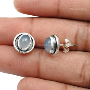 Chalcedony Stone Wedding Stud Post Mother Bezel Earrings Jewelry Sterling Silver - Picture 1 of 8