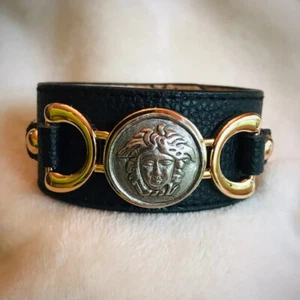 Artisan Handcrafted Medusa Metal Button Black Faux Leather Bracelet - Picture 1 of 11