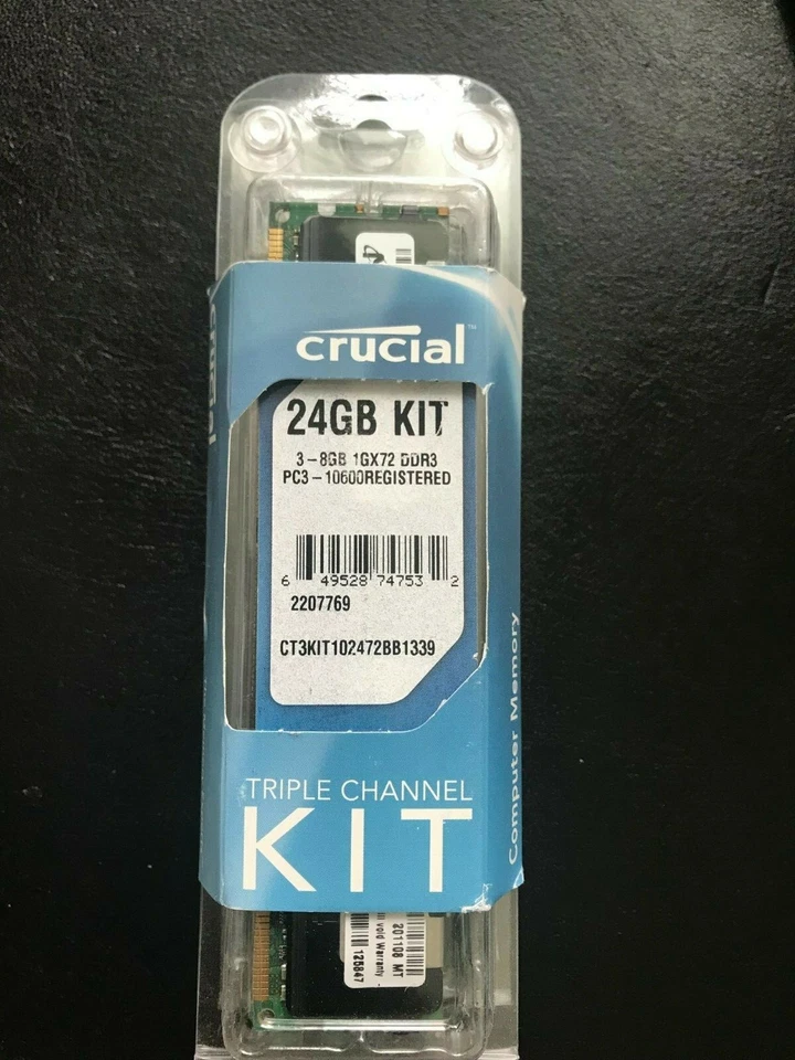 NEW Crucial 24GB (3x8GB) DIMM 240-pin ECC Registered DDR3 1333 Server Memory - Image 1 of 4