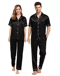 Couples Pajamas Sets & Men Satin Short Sleeve Sleepwear Small Women Black - Picture 1 of 7