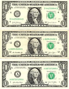 Fermalibri doppio 44s 66s 88s fantasia numero di serie un dollaro banconota lotto di 3 banconote - Foto 1 di 2