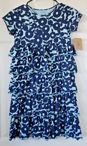 LANDS' END KIDS Light & Dark Blue Floral Dress Short Sleeve 5-Tiered Size 10 NWT - Picture 1 of 8