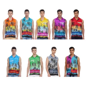 Hawaiian Shirts for Men Sleeve Less Button Down Summer Luau Palm Beach Shirt - Picture 1 of 46