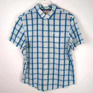 PENGUIN Men's Button-Up Shirt XL Slim Fit White Blue Plaid Short Sleeve Light - Picture 1 of 15