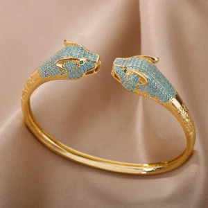 Brazalete gótico de jaguar, brazalete de cabeza de jaguar punk, brazalete de cabeza de jaguar de oro 18K - Imagen 1 de 4