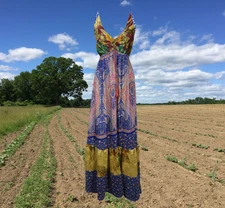 Womens Strappy Sundress, Handmade Blue Paisley Print Recycled Silk Dress,S/M