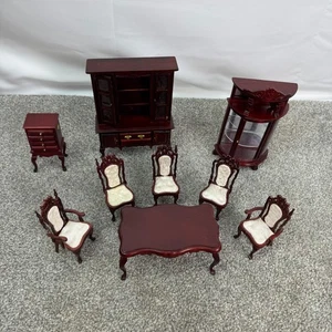 9-teiliges Miniatur Puppenhaus Mahagoni Esszimmer Set Tisch 5 Stühle & 3 Schränke - Bild 1 von 24