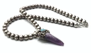 Navajo Sterling Silver Turquoise Amethyst Quartz Claw 8mm Bead 17” Necklace - Bild 1 von 13