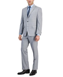 Perry Ellis Mens Modern 2 Piece Suit 40 R / 33 Waist Light Grey Plaid Stretch - Picture 1 of 1