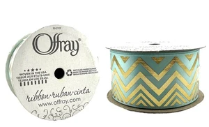 Offray Ribbon Single Face Satin Zig Zag Ribbon, Aqua/Gold, 1.5” x 9 ft - 5 Pack - Picture 1 of 12