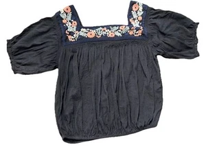 American Eagle Blouse Womens S Small Black Cropped Ruched Embroidery Square Neck - Picture 1 of 6