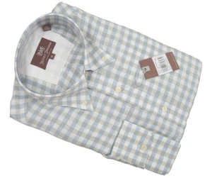 NEW $145 Hickey Freeman Linen Button Front Shirt! M *Tan Blue & White Plaid* - Picture 1 of 1