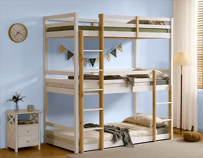 Triple Bunk Bed Kids Children High Sleeper Pine 3FT Single Wooden Bed Frame - Image 1 of 4