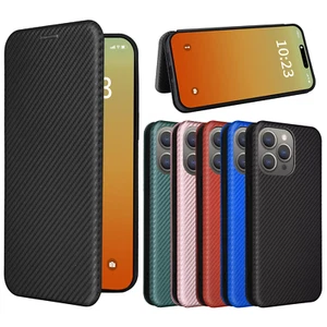 Flip Kohlefaser PU Leder Karten Etui Abdeckung für iPhone 11 12 13 14 15 16 6 7 8+ - Bild 1 von 56
