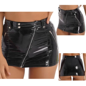 Women's Patent Leather Mini Pencil Skirt Bodycon Sexy Zipper Rave Party Clubwear - Picture 1 of 20