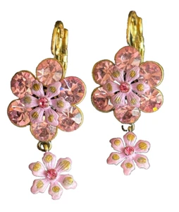 Vintage Joan Rivers Pink Rhinestones Enamel Flower Drop Dangle Earrings 1 3/8" - Picture 1 of 8