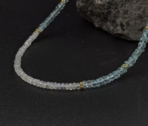 AAA+ Blue Aquamarine & Moonstone Faceted Rondelle Gemstone Beaded Necklaces 18'' - Picture 1 of 15