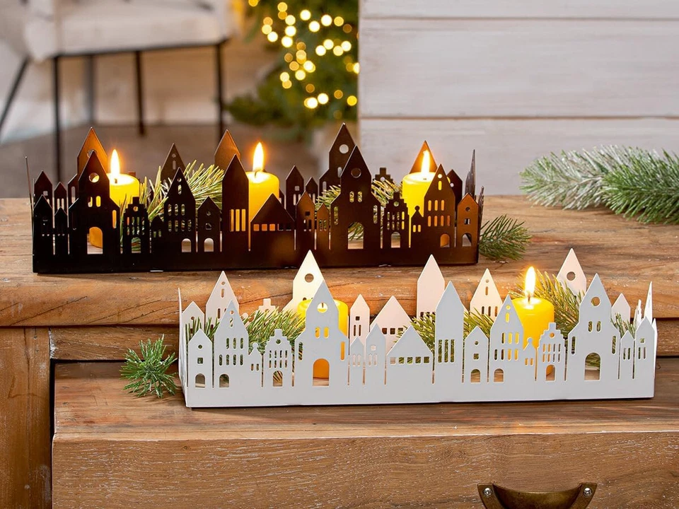 Deko Tablett Hausmotiv Stadtlichter MDF Metall schwarz oder weiß - Bild 1 von 1