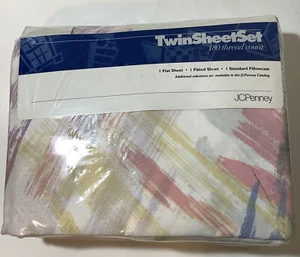VNTG JcPenney Twin Sheet Set 180 Thread Multicolor Brushstroke Pastel Abstract - Picture 1 of 8