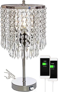 Crystal Table Lamp with Touch Control,Silver Lamp with Dual USB Charging Ports, - Picture 1 of 8