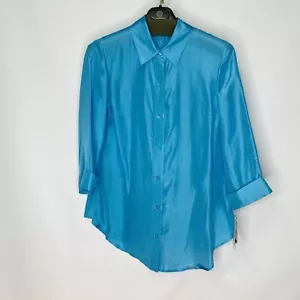 DONCASTER Size 8 Button Front Shirt 100% Silk Blue 3/4 Sleeve NWT + Hanger - Picture 1 of 18