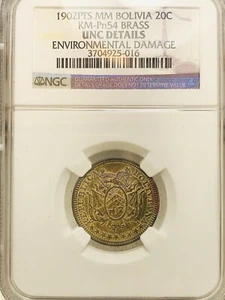 Bolivia 1902 MM-PTS, 20 Centavos Pattern NGC Pn54 Brass, Unc Details, Rare Coin - Picture 1 of 3