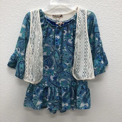Speechless Girls Large Lace Cardigan Blue Floral Peplum Top 3/4 Bell Sleeves 2pc - Image 1 of 4