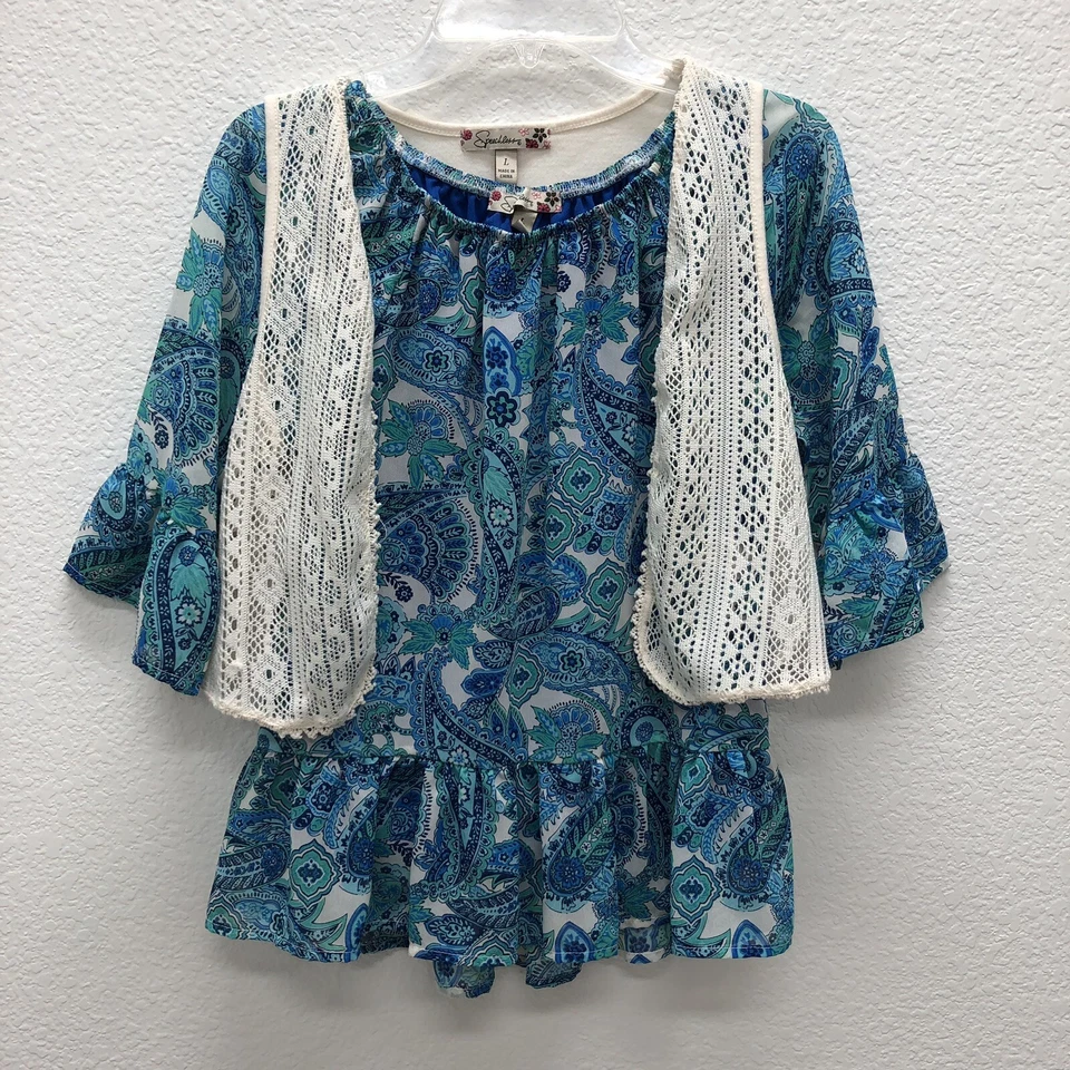 Speechless Girls Large Lace Cardigan Blue Floral Peplum Top 3/4 Bell Sleeves 2pc - Image 1 of 4