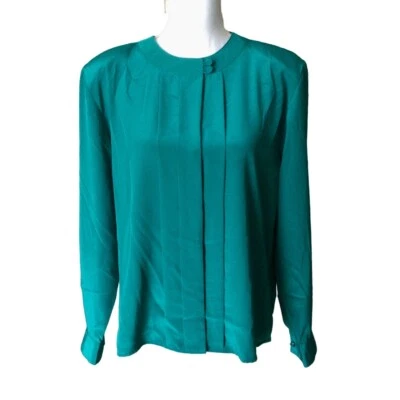Vintage 80s Alyssa Carr Womens Green Career Blouse Pleated Top - Size 14 - - Image 1 of 4