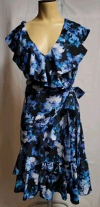 TAHARI Arthur S. Levine Floral Print Faux Wrap Ruffle Dress Size 12 Blue Black - Picture 1 of 16