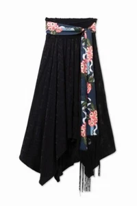 Desigual Black Satin Belted Scarf Hanky Hem Skirt - Size S NEW - Picture 1 of 15