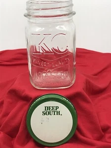 Vintage Deep South KC Clear Glass Pint Mason Square Glass Jar w Green Metal Lid - Picture 1 of 17