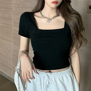 Black White Women T-shirt Square Collar Women Top Casual Tee - Picture 1 of 15
