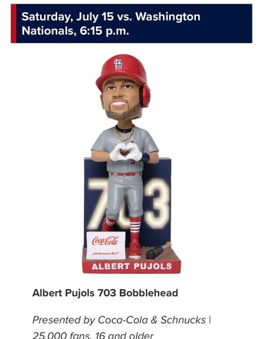 St. Louis Cardinals SGA Albert Pujols 703 HR Bobblehead 7/15/23 - 2023 ! Cover