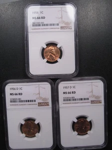 3 BU Red Lincoln Wheat Pennies All NGC MS66RD 1956-d, 57-d, 58. #40 - Picture 1 of 9