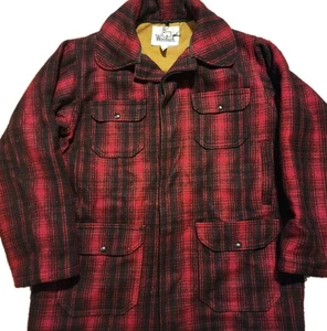 VTG 70s Woolrich Jacket Mens 44 Red Black Mackinaw 503 Buffalo Plaid Wool Chore - Picture 1 of 10