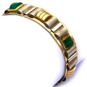 Art Deco Gold Armband mit Chrysoprasen in 585 Bicolor Gelb- und Weißgold um 1935 - Bild 1 von 6