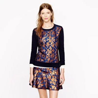 Moletom feminino J CREW S azul marinho floral jacquard forro terry algodão com nervuras novo sem etiquetas - Imagem 1 de 4